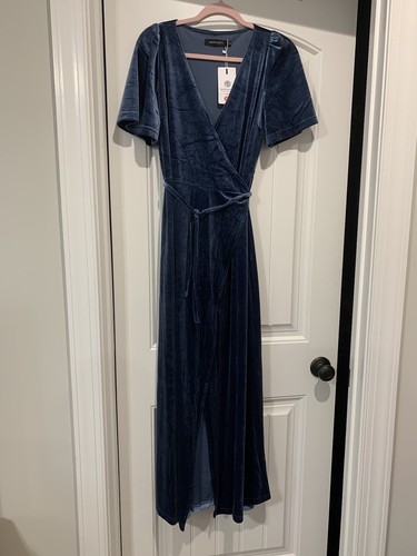 MEROKEETY Blue Velvet Long Wrap Dress Women’s Size Small Wedding Cocktail NWT