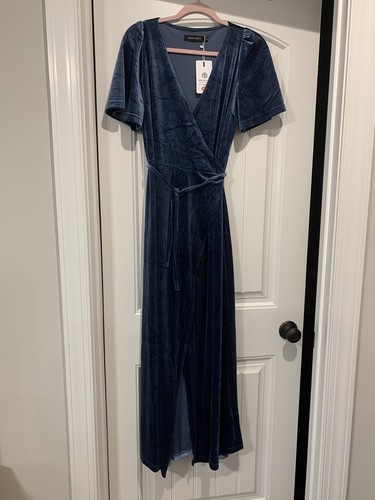 MEROKEETY Blue Velvet Long Wrap Dress Women’s Size Small Wedding Cocktail NWT - Picture 1 of 22