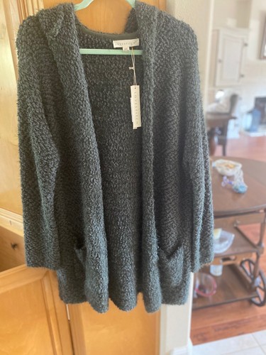 LOVESTITCH Fuzzy Cardigan Green Open Long Hooded Sweater Coat Chunky M/L New! - Picture 5 of 7