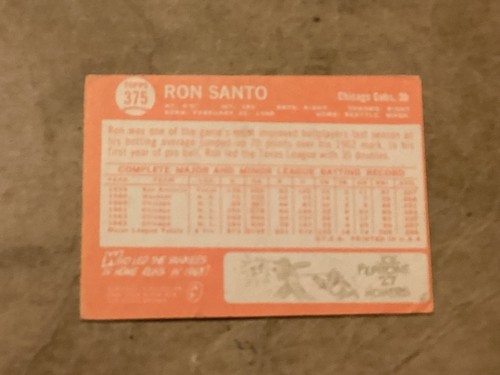 1964 Topps - Ron Santo #375 - EX - Corner Wear - No Creases - Great Looking Card - Bild 2 von 2