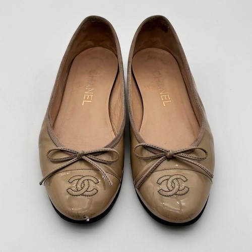 CHANEL Ballerina Flats Coco Mark Ribbon Beige Leather Enamel Women's EU36.5 US6 - Picture 19 of 22