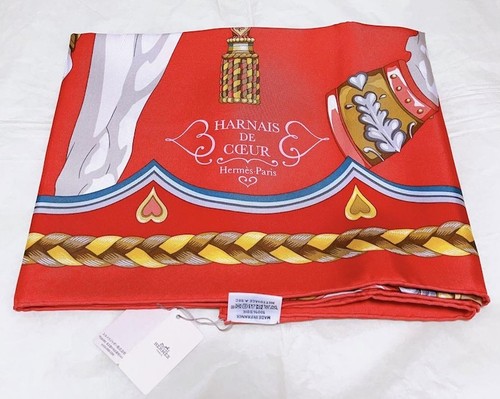 Hermes Scarf Stole Harnais de Coeur Red Animal Horse Silk Auth New tag Carre 90 - Picture 7 of 10