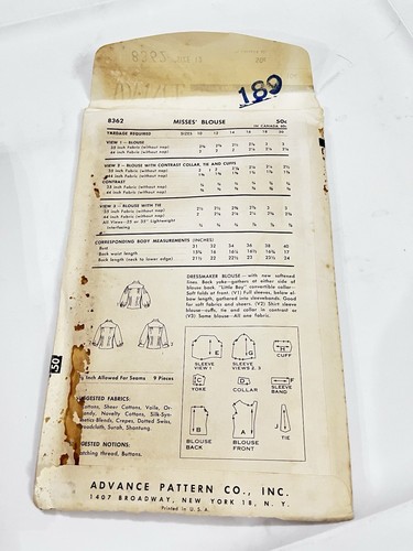 Advance Sewing Pattern 8362 Vintage 1950s Misses Blouses Size 12 1956 Rare - Picture 2 of 8
