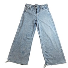 American Eagle Wide Leg Jeans Womens 14 Light Blue Good Distressed Frayed Hem