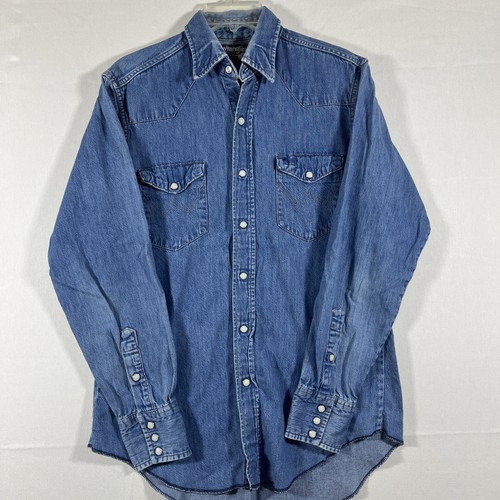 Vintage Wrangler Shirt Mens 15.5-34 Blue Denim X-Long Tails Pearl Snap USA Made