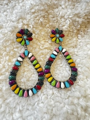 Navajo Turquoise Cluster Multi Color Stone Cluster Earrings Sterling Silver