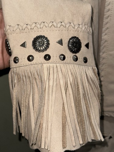 Chaqueta de Cuero Cripple Creek Plateada con Tachuelas Flecos Western Rodeo Tostado Gamuza XL - Imagen 3 de 8