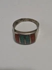 Vintage Sterling Silver Turquoise and Coral Mosaic Ring Size 11.5
