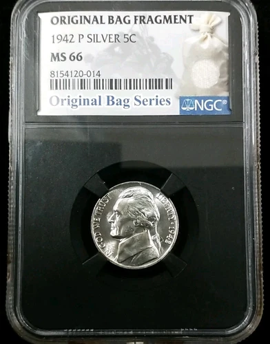 1942 P  5C JEFFERSON NICKEL NGC MS 66 ORIGINAL BAG FRAGMENT #4533