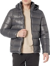 NWT Guess Men  s Small Mid Weight Puffer Jacket Removable Hood Gray 119RN716