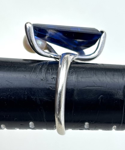 14k White Gold 7.04 Grams Ring With Pearl And Synthetic Spinel Size 6.5 - Picture 3 of 9