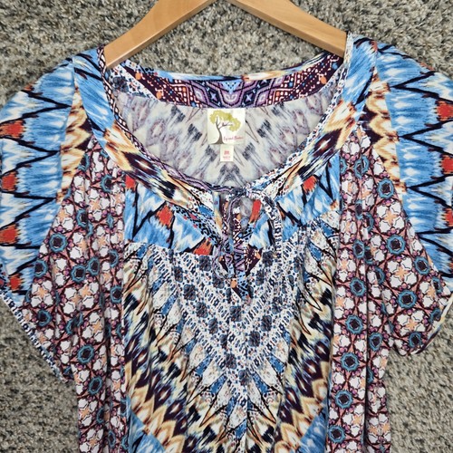 Fig & Flower Top Womens Medium Blue Printed Short Sleeve Blouse Neck Tie Ladies - Bild 4 von 7