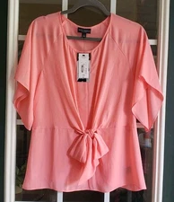 Bold Elements Women's Peach Keyhole VNeck Tie Front Kimono Top Large  Bin1-86
