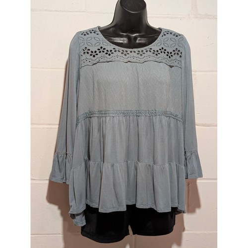 KNOX ROSE Blue Lace Eyelet Tiered Peasant Blouse Women's Size Medium Long Sleeve - Picture 1 of 5