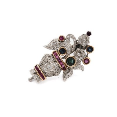 Vasenbrosche mit Blüten Brillanten Rubine Safire in 750 Gold IHK Gutachten