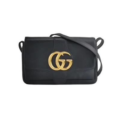 Authentic Gucci Arli Medium Black Leather Shoulder Bag 550129 Auth Gold GG Logo