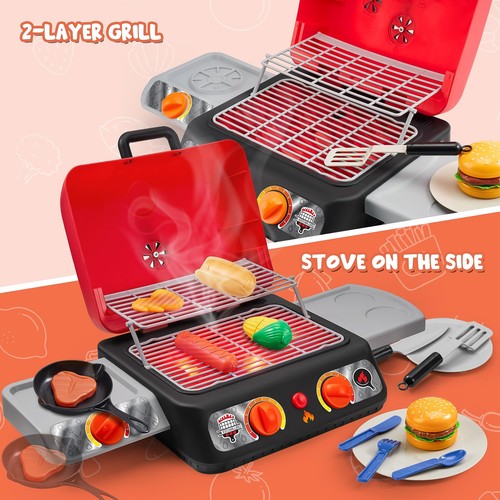 Ensemble de jeu barbecue pour enfants, ensemble de jouets de cuisine avec faire semblant de fumer, lumière, son et co... - Photo 8/8