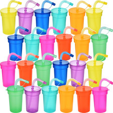 Pack Kids Party Cups with Lids and Straws, Colorful Plastic Sipper Party 24