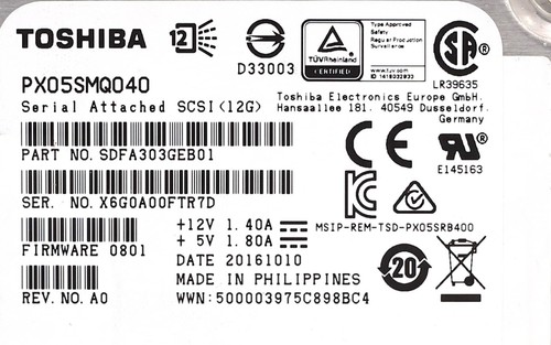 Toshiba PX05SMQ040 400GB 2.5" 12Gb/s SAS Solid State Drive P/N: SDFA303GEB01 - Picture 2 of 2