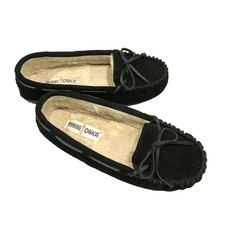 Minnetonka Size 7 W Suede Leather Slippers Sherpa-Lined Women's Moccasins Black