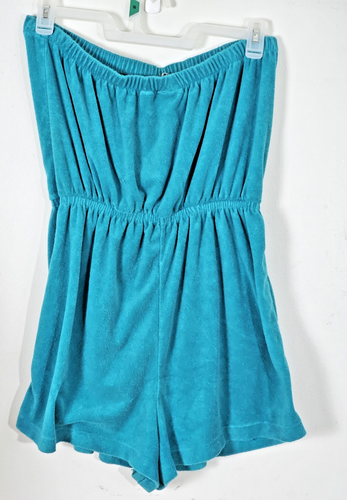 Tropical Escape Terry Cloth Romper Shorts Strapless Teal Retro Beach Cover Large - Picture 2 of 6