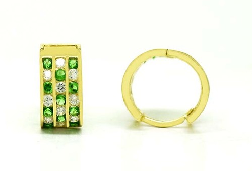 LAB CREATED EMERALD 1.74 Cts & WHITE SAPPHIRE HUGGIE EARRINGS 14K SOLID GOLD - Picture 4 of 5