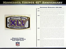 MINNESOTA VIKINGS 45th ANNIVERSARY NFL TEAM PATCH CARD Willabee & Ward WORN 2005