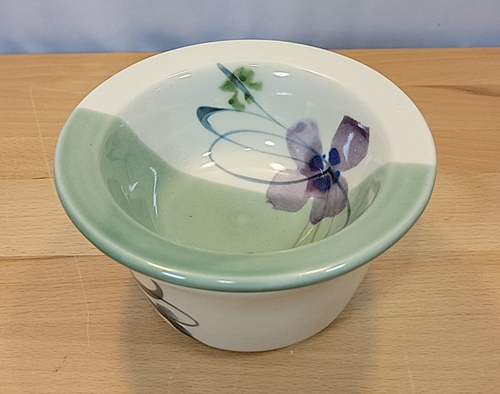 "Enfriador de inmersión de cerámica vintage flor púrpura verde blanco firmado 3,5"" x 6""" - Imagen 5 de 12