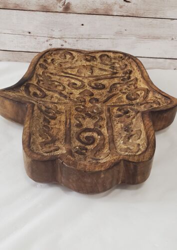 CARVED WOOD BOWL HAND OF FATIMA HAMSA TRAY WALL HANGING TRINKET HOLDER - Picture 9 of 11