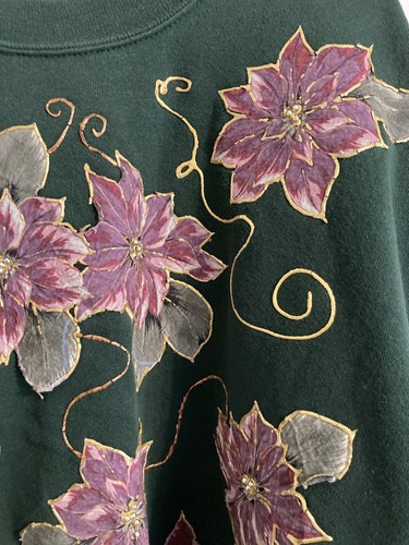 Jerzees Women’s Sweater Green Extra Large Floral Vintage USA Made #672 - Picture 6 of 12