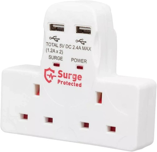2 Way Gang 2x USB Ports Wall Socket Adaptor Surge Protected 13A Adapter Plug - Picture 5 of 5