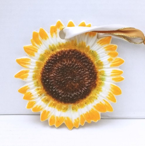 Sunflower Fused Art Glass 6.5 Inches Suncatcher Hanging Yellow Brown White