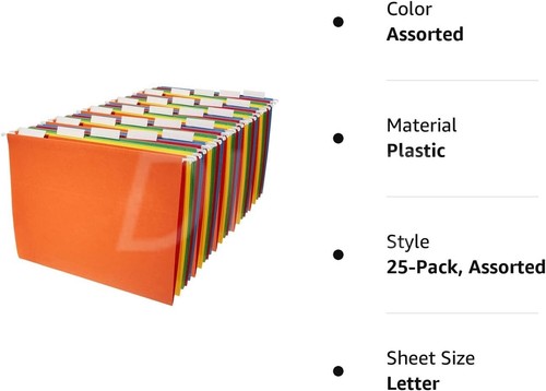 NEW Hanging Organizer File Folder Letter Size Assorted Colors - Pack of 25 - Picture 6 of 7