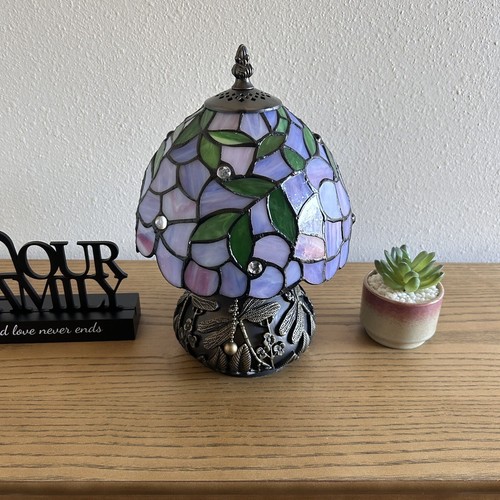 Tiffany Style Mini Table Lamp Purple Stained Glass Green Leaves LED Bulb 12”H - Picture 6 of 6