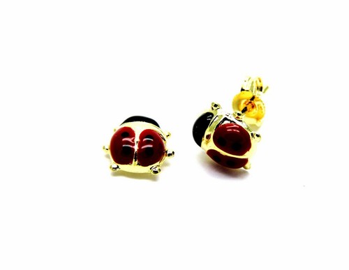 Boucles D'Oreilles or Jaune 18KT 750 Coccinelle Émaillés Rouges A Lobe De Fille - Picture 4 of 6