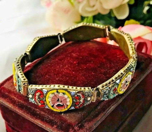 SCHÖNES ANTIKES ITALIENISCHES MIKROMOSAIKSCHWÄNZE & BRONZE GLIEDERARMBAND - Bild 2 von 4