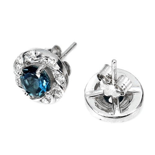 925 Sterling Silver Earrings Round London Blue Topaz 6m Natural Gemstone Jewelry - Picture 3 of 10