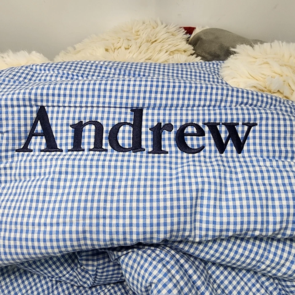 Pottery Barn Kid Puppy Dog Shaggy Head Blue gingham Checked Sleeping Bag ANDREW - Image 3 of 4