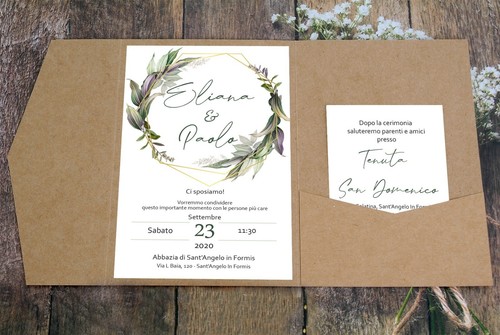 Partecipazioni matrimonio inviti nozze pocketfold carta kraft busta greenery - Foto 8 di 11
