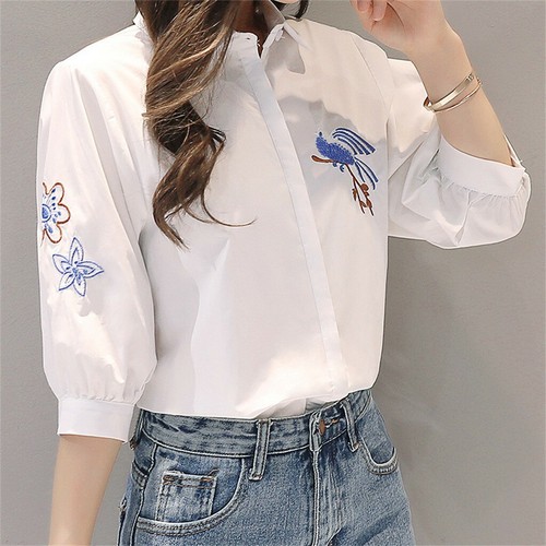 Spring And Summer Korean Casual Embroidery Flower Bird Loose Wild White Shirt UF - Picture 6 of 13