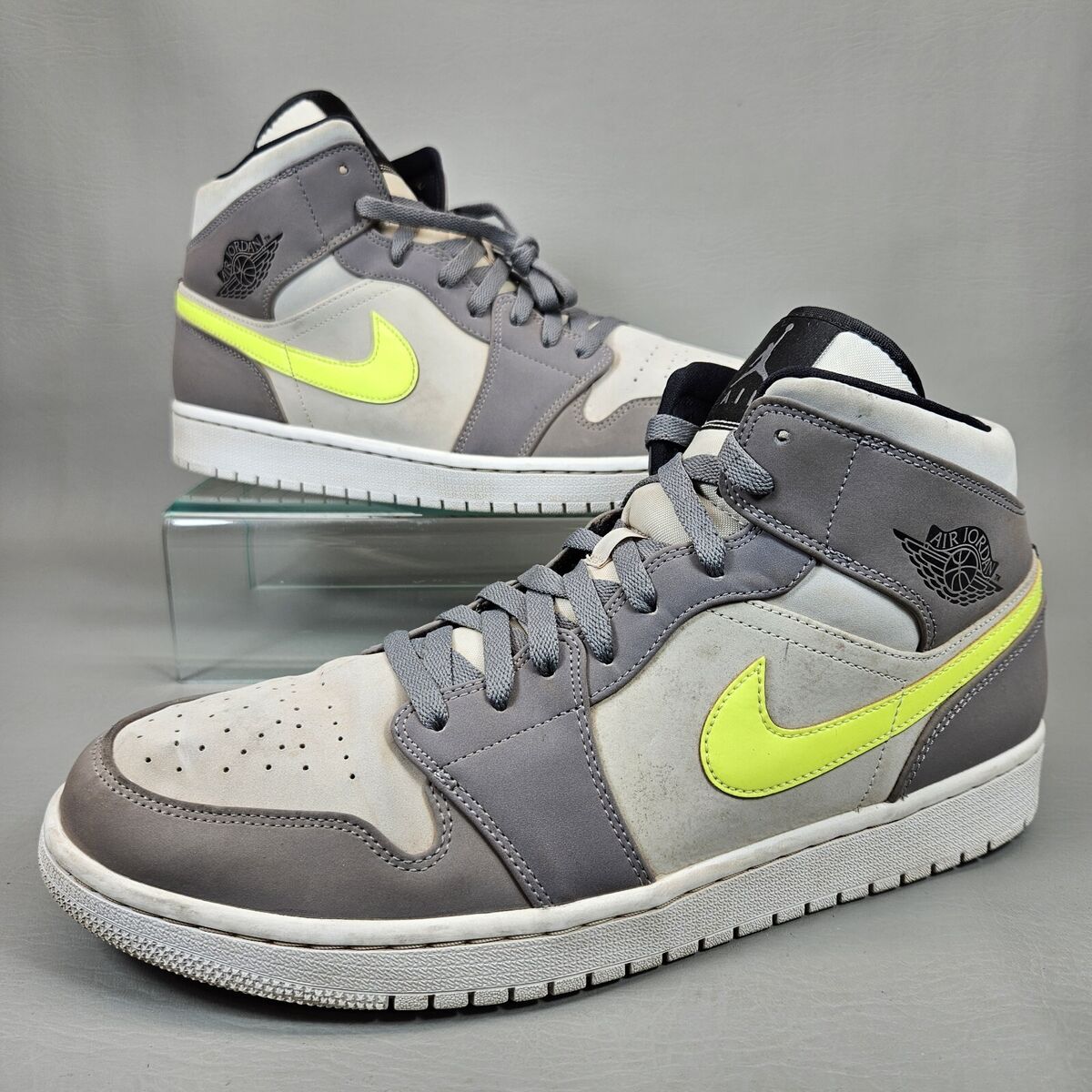Nike Air Jordan 1 Mid Sneakers Gunsmoke Volt Neutral Grey Nike Air Jordan 1 Mid Sneakers Gunsmoke Volt Neutral Grey
