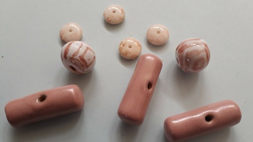 9 pink ceramic kazuri beads mix, variety of shapes, sizes 12x28 , 15 and 10mm - Picture 2 of 3