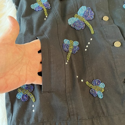 The Quacker Factory Jacket Beaded Embroidered Snaps Black Dragonfly Shacket Sz M - Picture 7 of 10