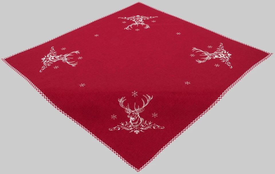 Tischdecke Weihnachten Rot 85 x 85 Mitteldecke Landhaus Bestickt Hossner Hirsch - Bild 3 von 4