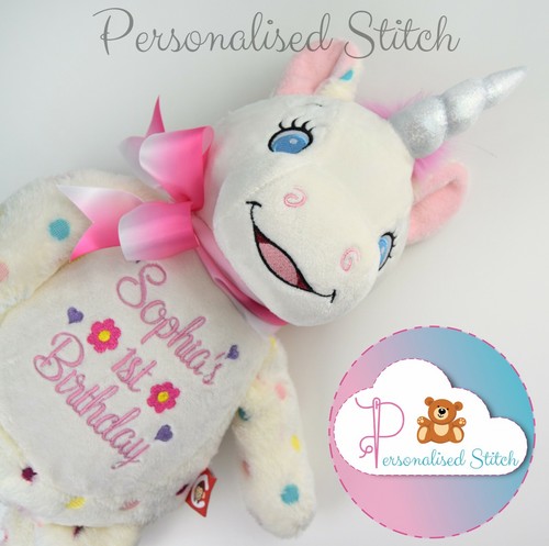 Personalisiertes Stofftier Einhorn Teddybär bestickt Neu Baby Geschenk Geburtstag - Bild 3 von 6