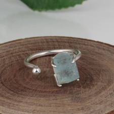 Raw Aquamarine Healing Crystal Ring Sterling Silver Adjustable Ring Gift For Her