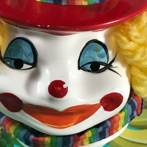 CLOWN BANK Ceramic Taiwan Yarn Hair Fabric Ruffle Rainbow 5 Inch Circus Vtg - Picture 9 of 12