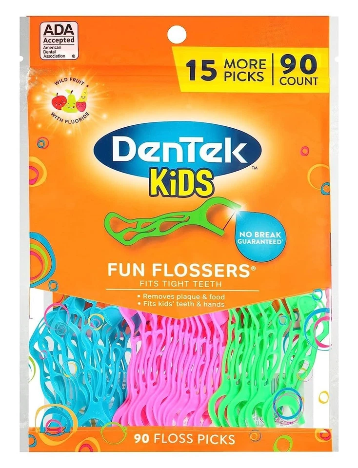 Fio dental DenTek Kids Fun pacote com 6 75 unidades palitos de flúor sabor frutas silvestres - Imagem 3 de 4
