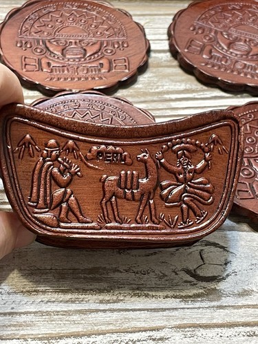 Peru Leder Handbesetzt Untersetzer Set mit Halter Inti Inka Sonne Gott Souvenir EUC - Bild 9 von 11