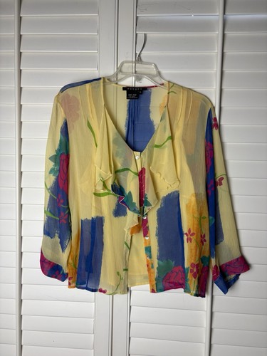 Oxygen Boutique Bluse 14 durchsichtig Aquarell mit Camisole 100 % SEIDE Rüschen vorne gebraucht, in einwandfreiem Zustand - Bild 9 von 13